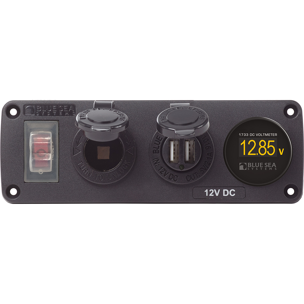Blue Sea 4366 Water Resistant Accessory Panel – 15A Circuit Breaker, 12V Socket, Dual USB Charger, Mini Voltmeter